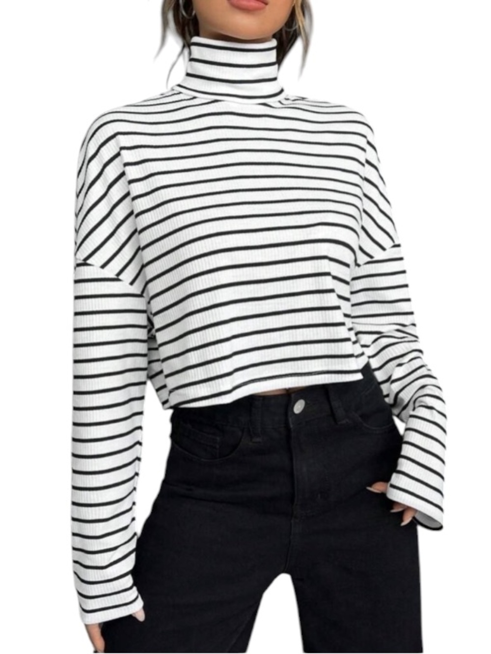 SHEIN EZwear Striped Print High Neck Drop Shoulder Tee size M NWT